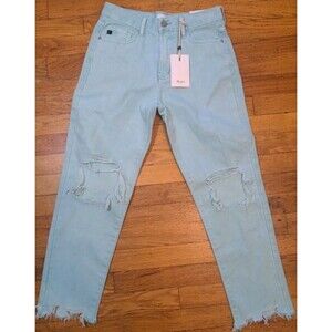 New KanCan Amelia Distressed High Rise Mom Fit Jeans Denim Womens Sz 03/25 Teal